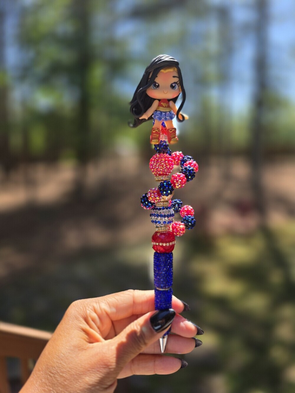 One of a Kind Wonder Woman Inspired Handmade Polymer Clay Doll Rhinestone Pen |